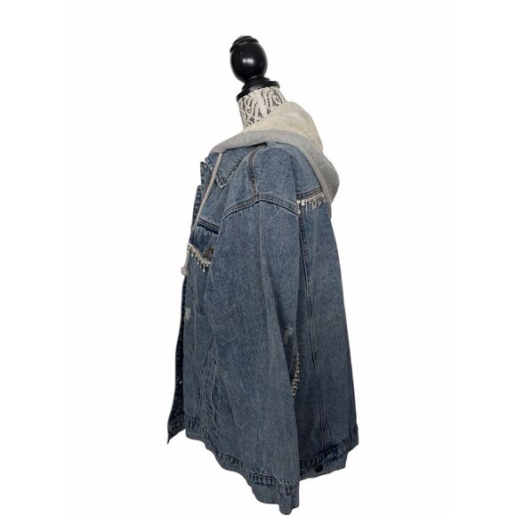 Blue B Rhinestone Fringe Denim Jacket with Hoodie Blue Size M/L - Picture 12 of 12